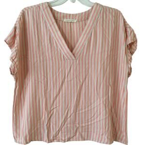 Copper Key Large V-neck Cap Sleeve Pink & Cream Striped 100% Rayon Top